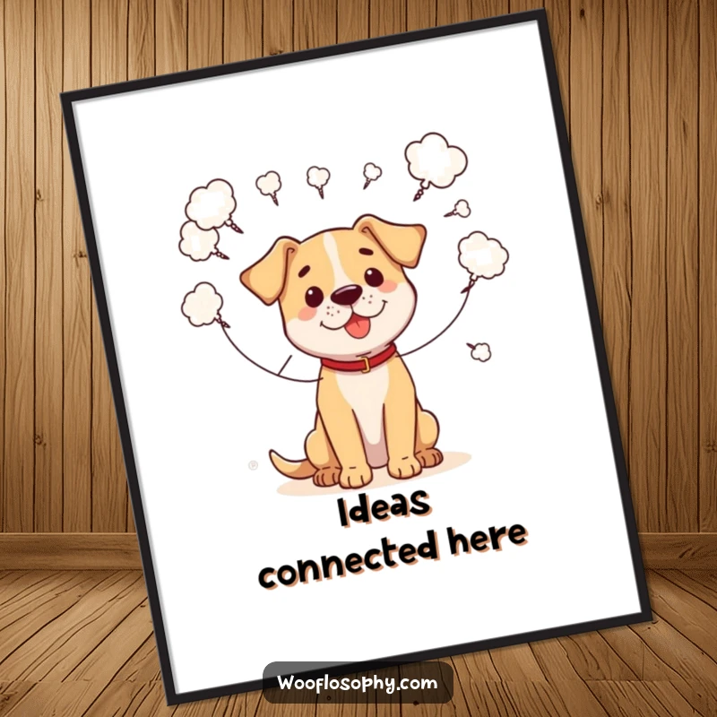 Funny poster of a dog connecting scattered thought bubbles with strings, visually representing complex and humorous ideas.