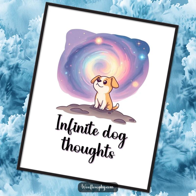Funny dog staring in wonder at a swirling cosmic nebula, printed on a poster, a humorous space art gift.