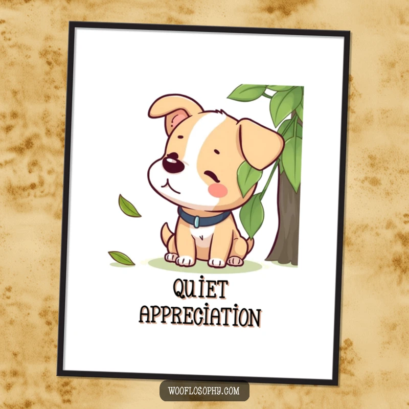 Funny poster depicting a dog character in a state of deep listening to a gently falling leaf, evoking peace.