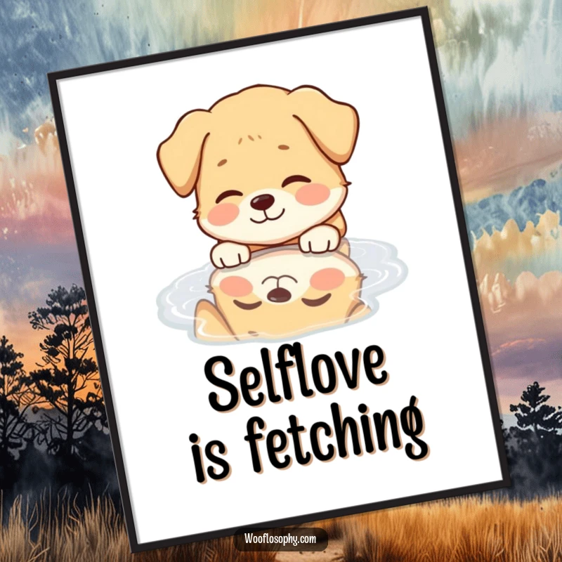 Funny Dog Poster: A dog's serene smile reflects its joy while gazing into a puddle's surface.