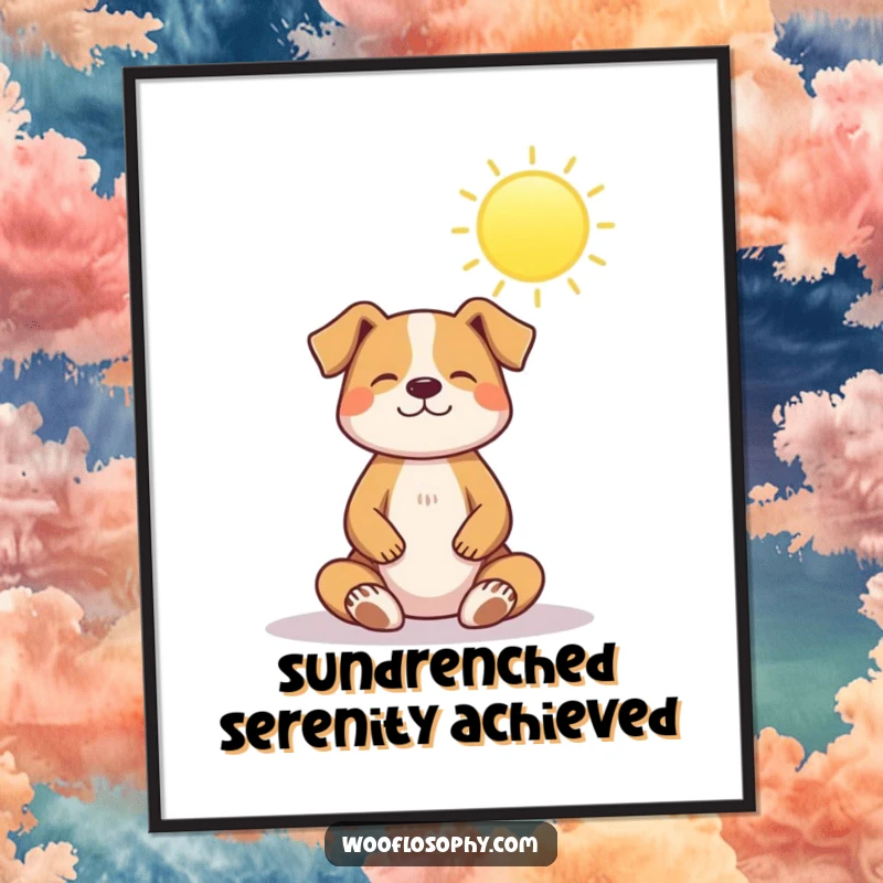 Funny poster: a dog sits in a peaceful meditation pose beneath a radiant sun, exuding calm and inner peace.