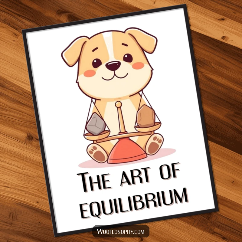 Funny dog holding a tiny balance scale, weighing two different shaped stones, as a poster.