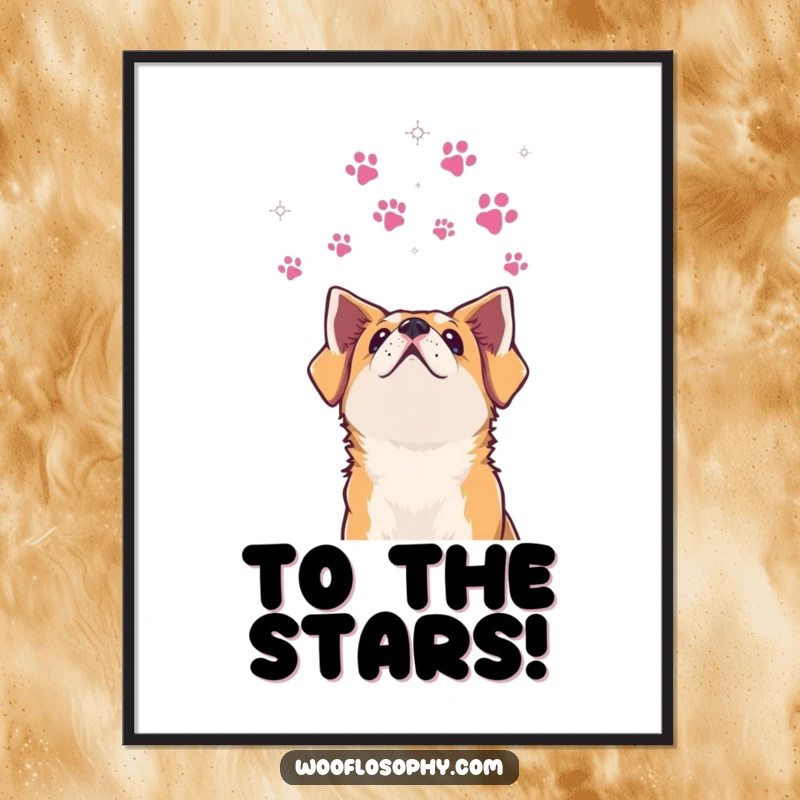 Funny dog poster of a dog looking at a paw print constellation, serving as magical and humorous wall decor.