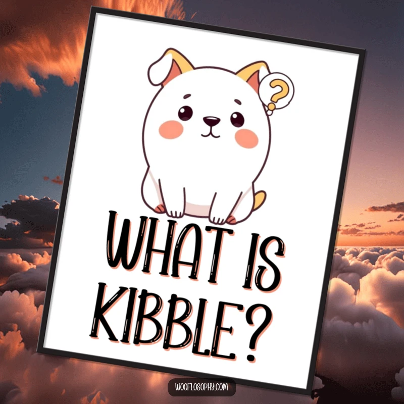 Funny dog poster of a round dog contemplating a floating question mark, serving as humorous wall decor.