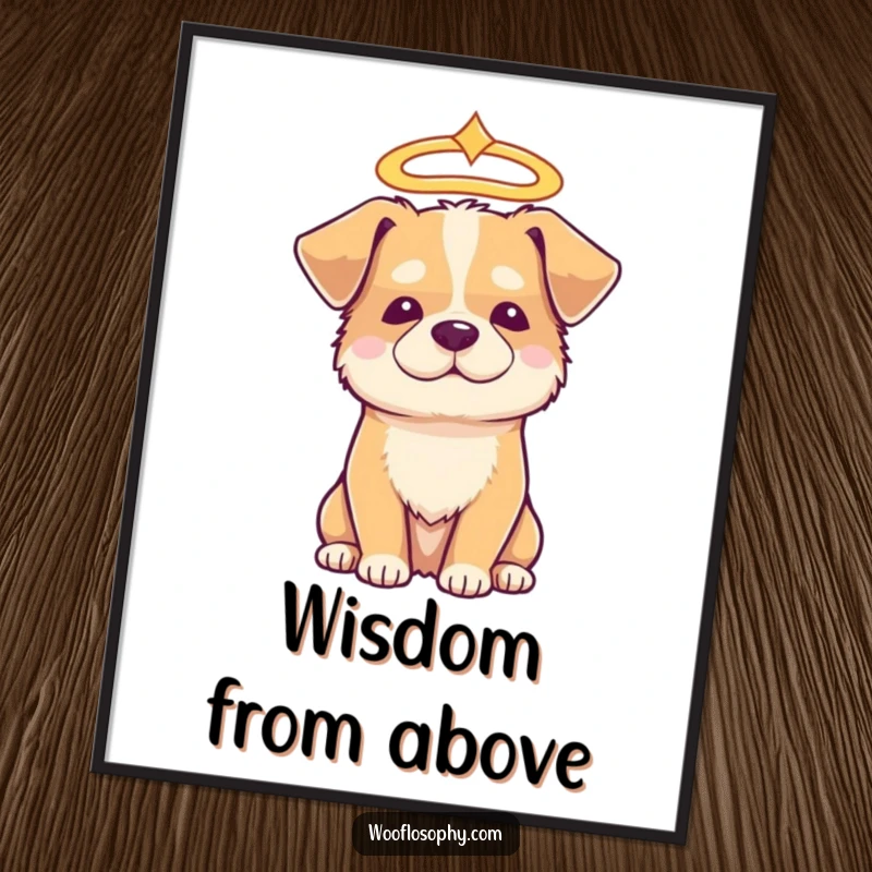 Funny angelic dog poster, a dog wearing a halo, looking serene and wise, perfect wall art for positivity.