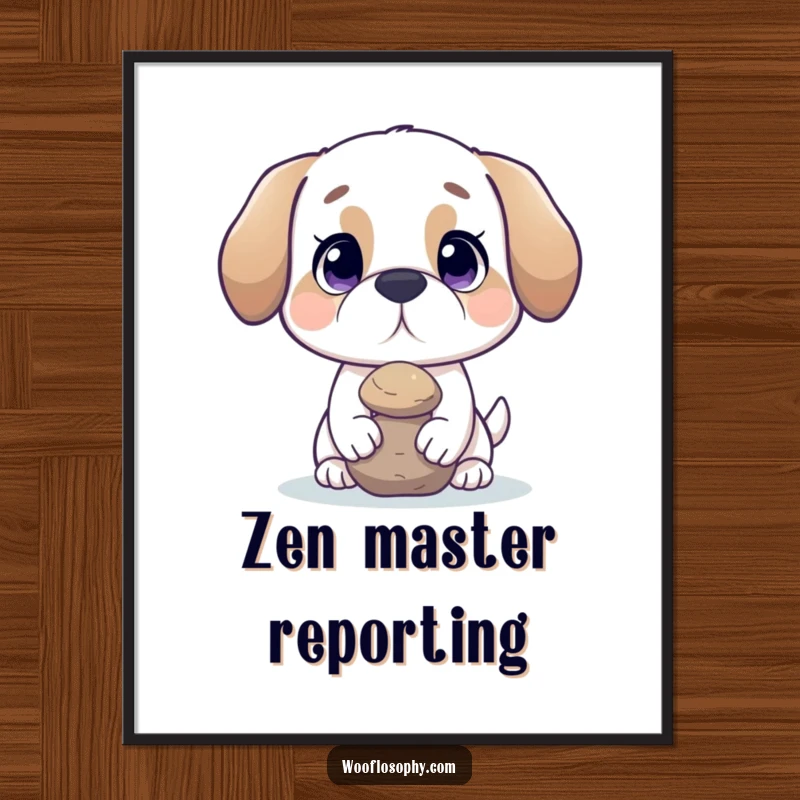 Funny dog poster of a dog balancing a rock on its nose, serving as humorous wall decor for calm spaces.