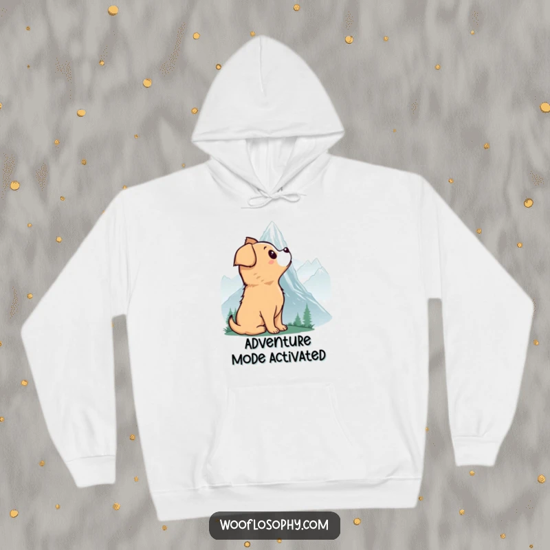 Funny hoodie featuring a dog contemplating a vast, misty mountain, capturing a sense of wonder and outdoor adventure.