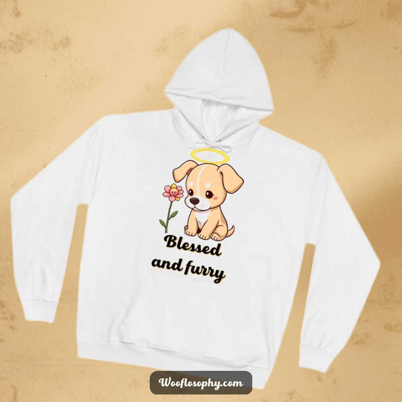 Funny Dog Hoodie: An angelic dog with a halo contemplates a flower with thoughtful admiration.