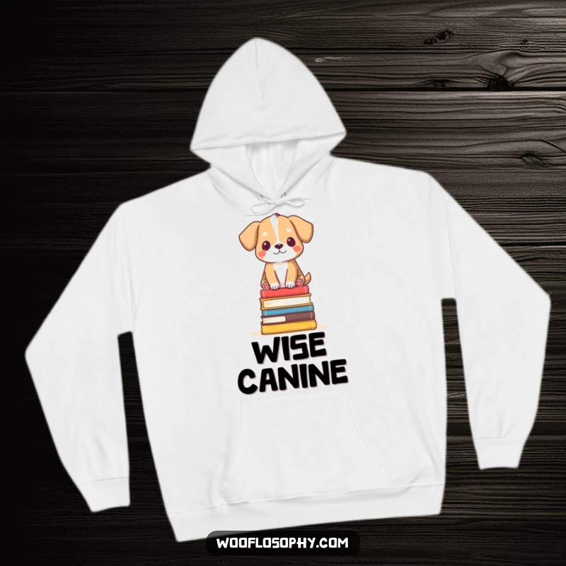Funny Hoodie: Dog serenely balanced on a stack of books, a humorous and cozy garment for peaceful souls.