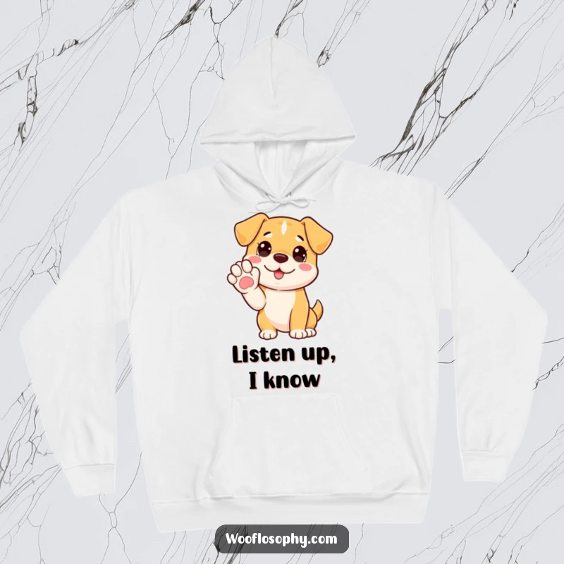 Funny hoodie depicting a dog with its paw raised, ready to deliver a humorous explanation. Cozy and relatable.