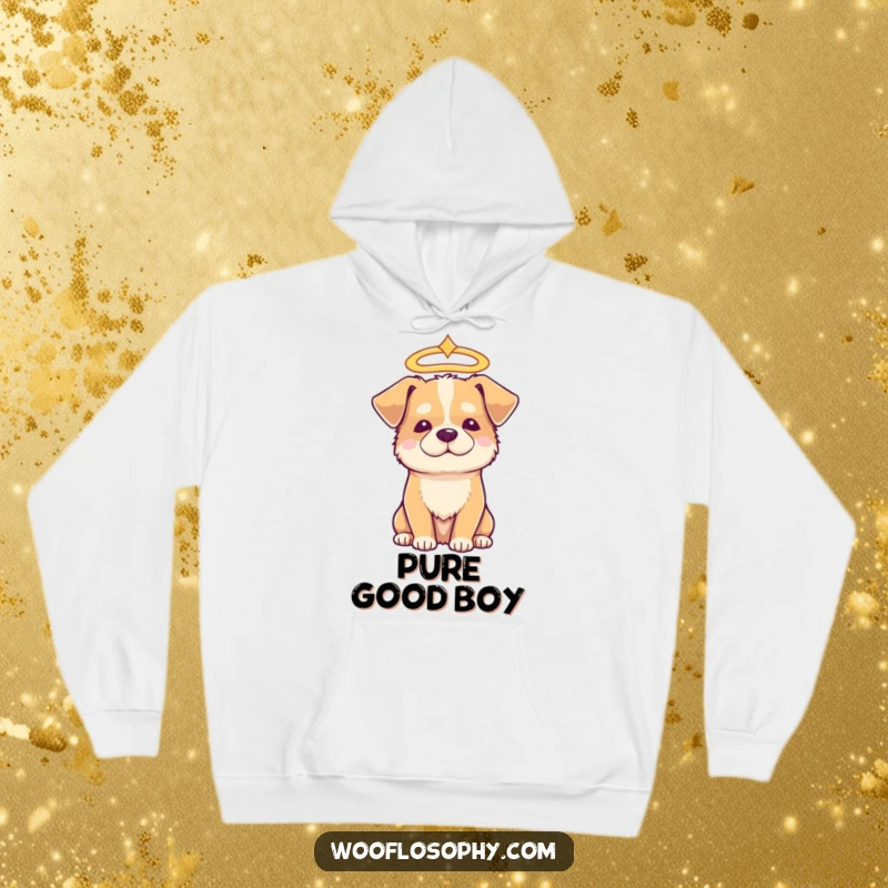 Funny angelic dog hoodie, a dog with a halo looking serene and wise, comfortable and warm.
