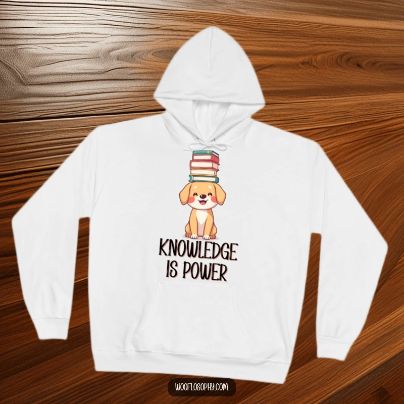 Funny bookworm dog hoodie, a smiling dog balancing a stack of books on its head, comfortable and stylish.