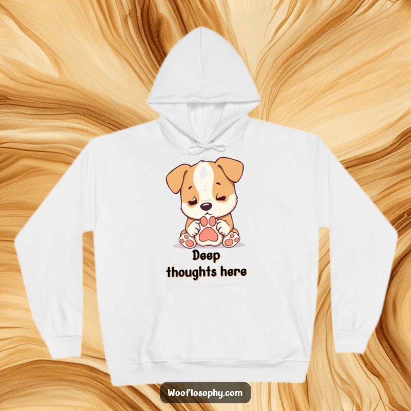 Funny dog hoodie, a dog looks intensely at its paw print, symbolizing deep thought and existential musings, a great gift.