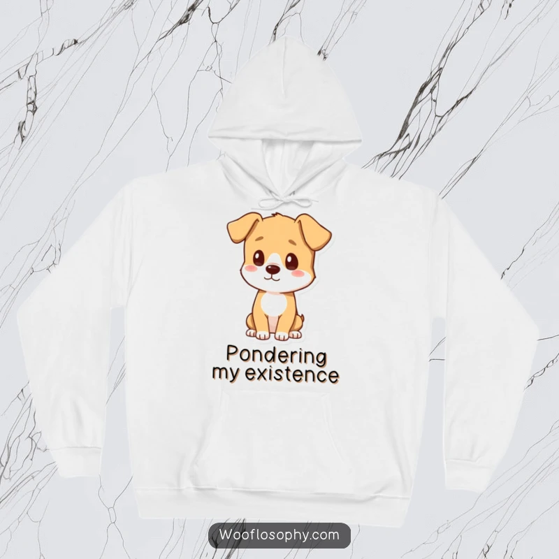 Funny hoodie showing a thoughtful dog observing its shadow, a cozy and humorous design, perfect as a funny gift.
