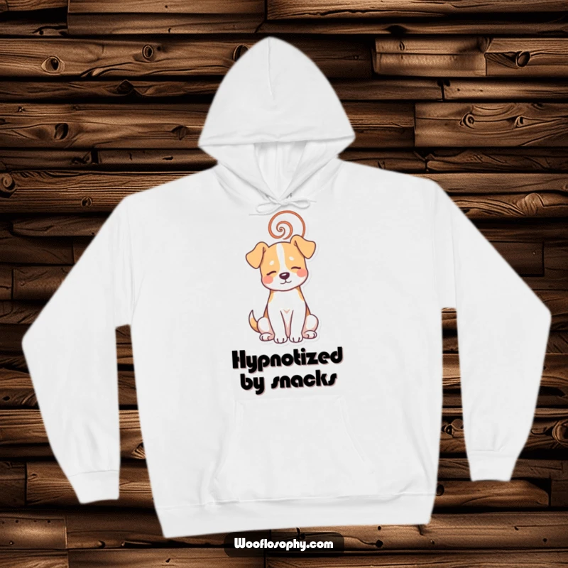 Funny dog hoodie depicting a dog in a meditative state with a spiral, offering warmth and humorous relaxation.
