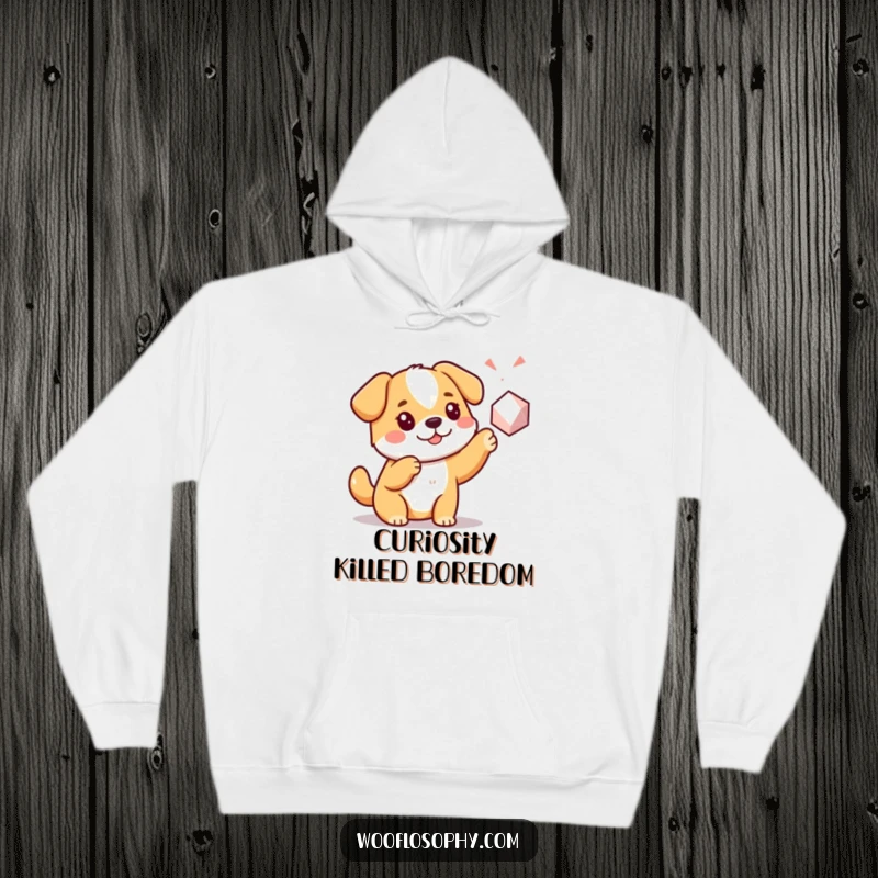 Funny Kawaii dog pointing at a geometric shape, a warm hoodie perfect for curious minds and lovers of humorous canine designs.