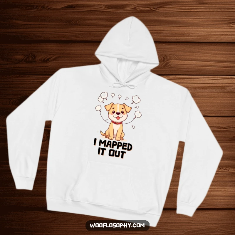 Funny hoodie with a dog connecting scattered thought bubbles with strings, symbolizing a clever, ongoing plan.