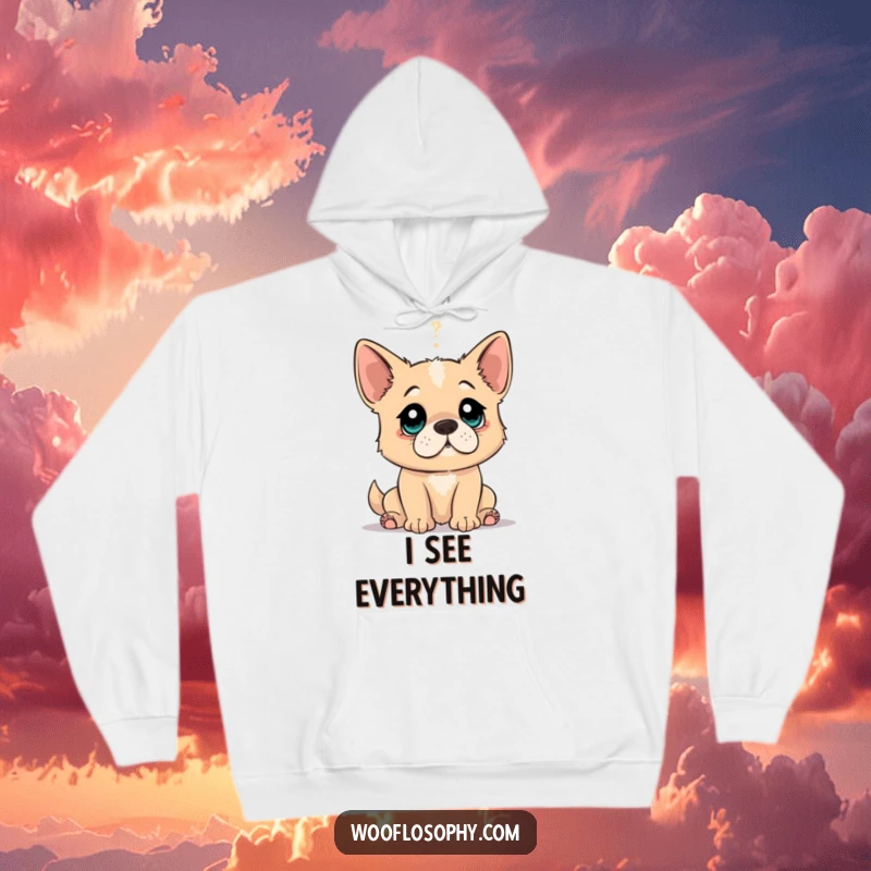 Funny hoodie with a dog's eyes wide open, capturing the humorous moment of profound discovery and realization.