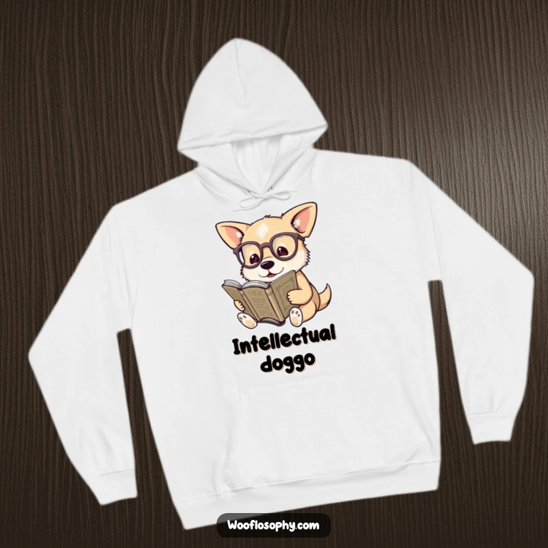 Funny hoodie featuring a dog wearing spectacles, diligently reading an old, weathered book, embodying scholarly pursuits.