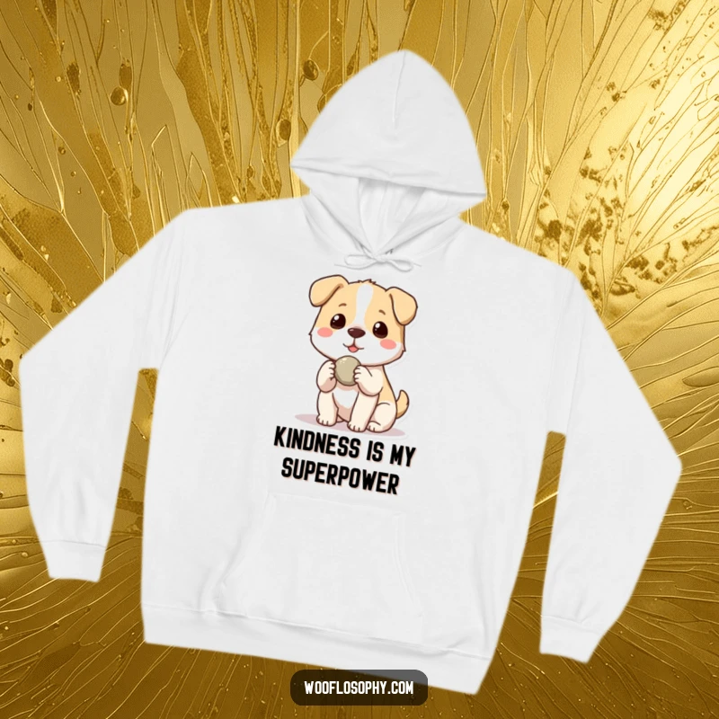 Funny Kawaii dog offering a small stone to another, a warm hoodie perfect for spreading kindness and lovers of humorous dog designs.