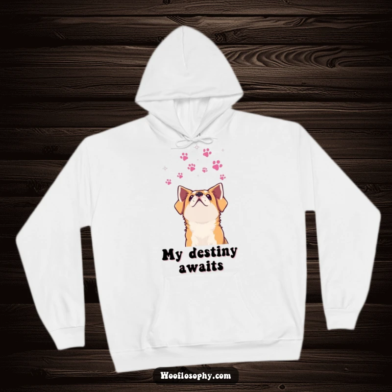 Funny dog hoodie featuring a dog looking at paw print stars, symbolizing dreams and providing cozy humor.