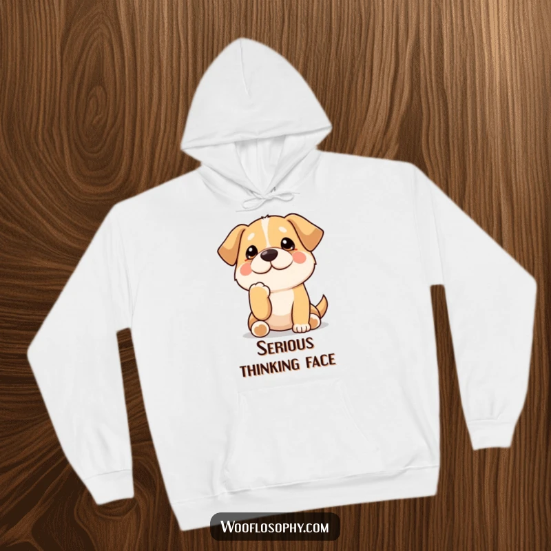 Funny Kawaii dog thoughtfully stroking its chin, a warm hoodie perfect for contemplative moments and lovers of humorous dog designs.