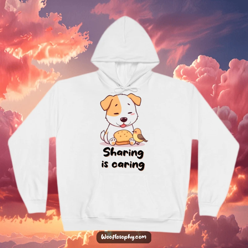 Funny hoodie depicting a generous dog sharing a miniature bread loaf with a small bird, evoking warmth and humorous kindness.