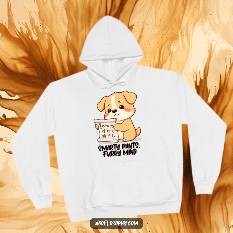 Funny dog hoodie depicting a dog holding an ancient scroll and scratching its head, contemplating deep thoughts.