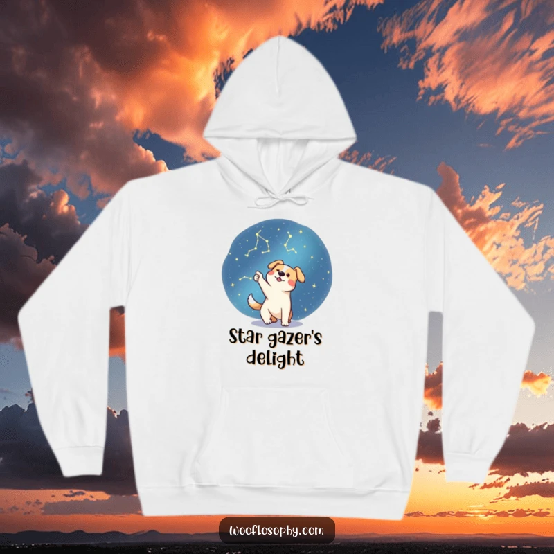 Funny dog pointing excitedly at stars in the night sky, a cozy and humorous hoodie for adventurers.