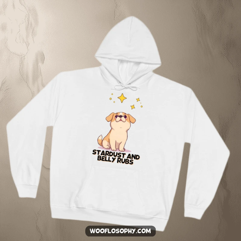 Funny dog hoodie showing a curious dog admiring the beauty of the starry night sky with wonder.