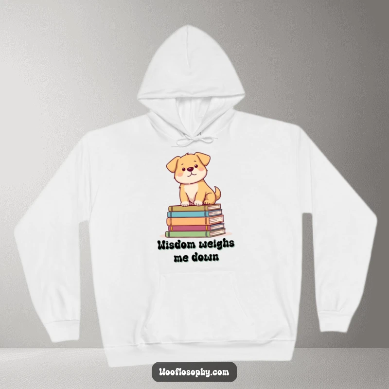 Funny Dog Hoodie depicting a calm dog nestled on a stack of books, perfect for a reader's cozy and humorous style.