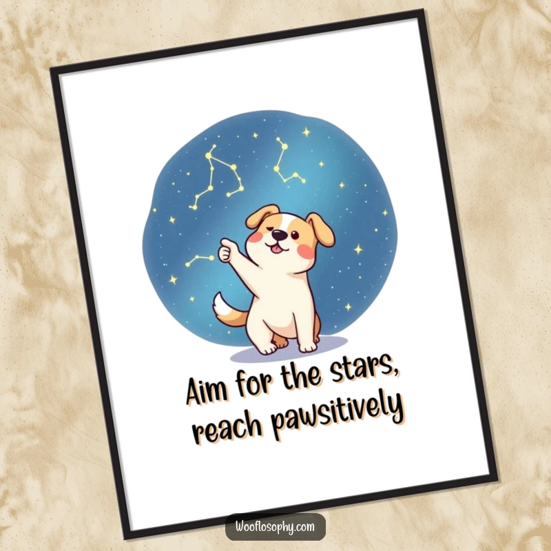 Free Printable Wall Art: An excited dog pointing enthusiastically at a beautiful night sky constellation, adding wonder and humor.