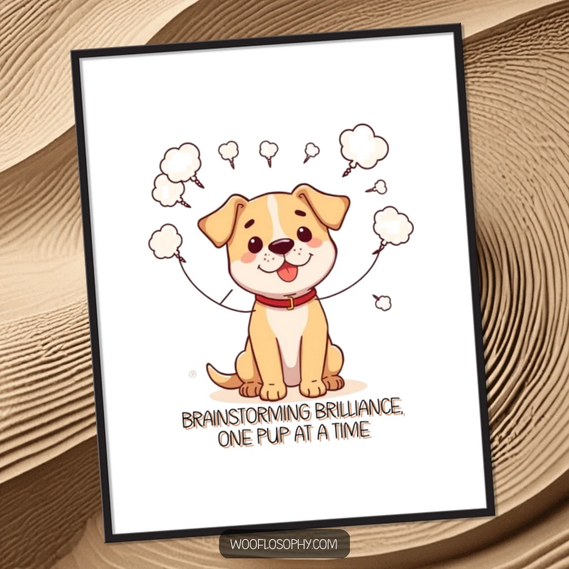 Funny free printable wall art: A dog humorously connecting scattered thought bubbles with strings, illustrating a quirky, abstract concept.