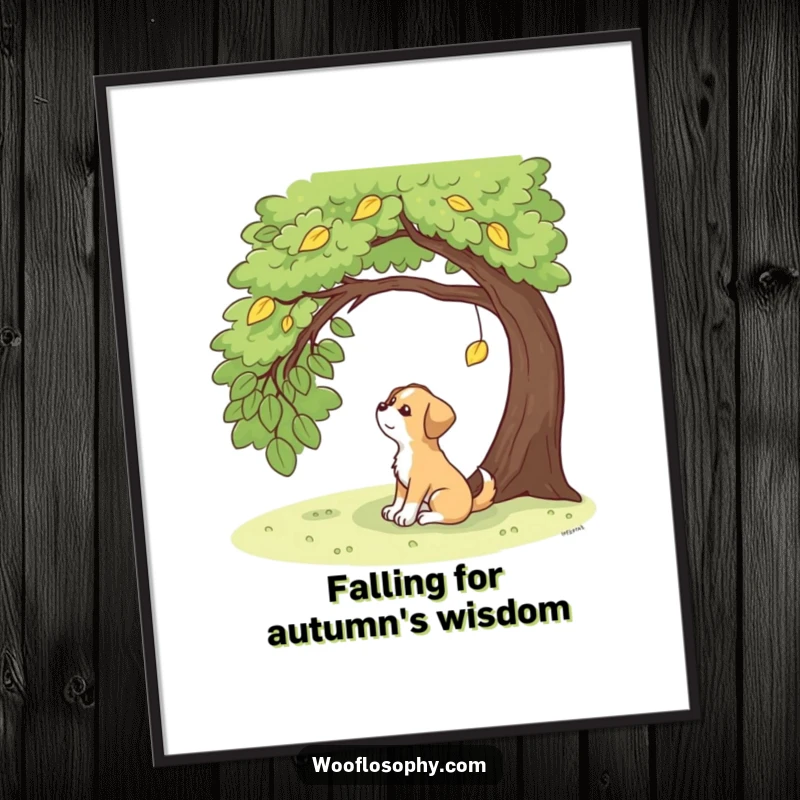 Funny Free Printable Wall Art: A dog sits thoughtfully under a tree, watching a single leaf descend.