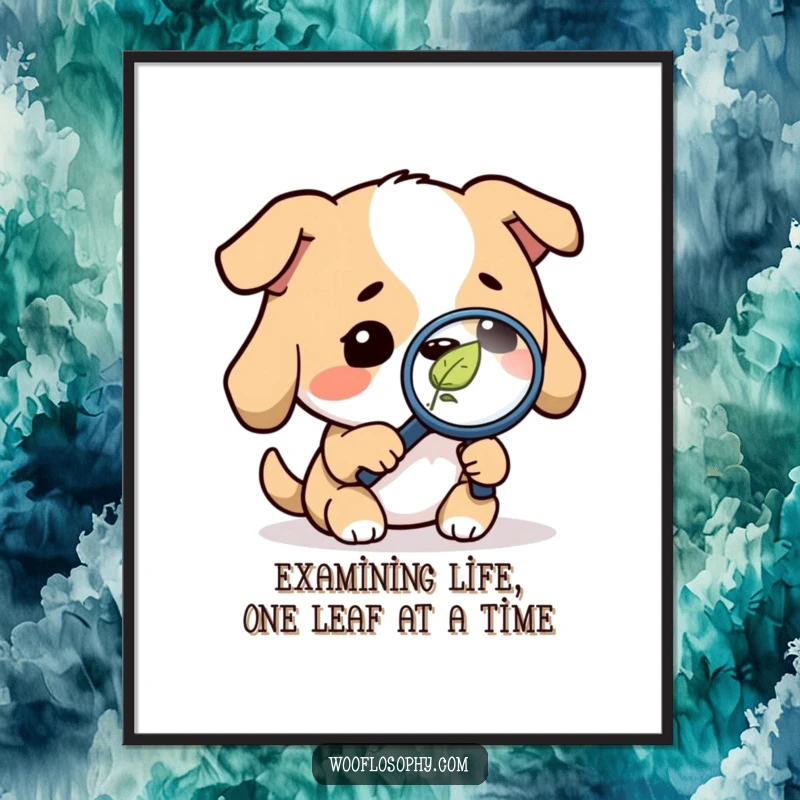 Free Printable Wall Art: A dog with a magnifying glass intently examining a single falling leaf, celebrating curiosity and nature humorously.