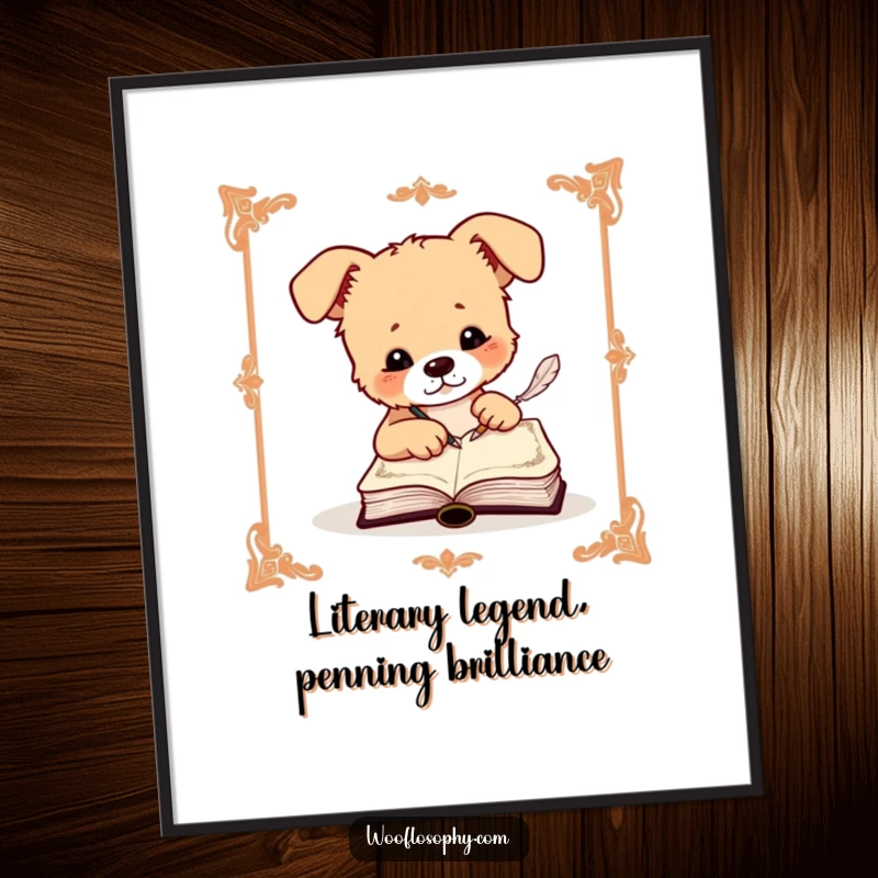 Funny Free Printable Wall Art: A distinguished dog sits writing its thoughts in a small, ornate book with a feather quill.