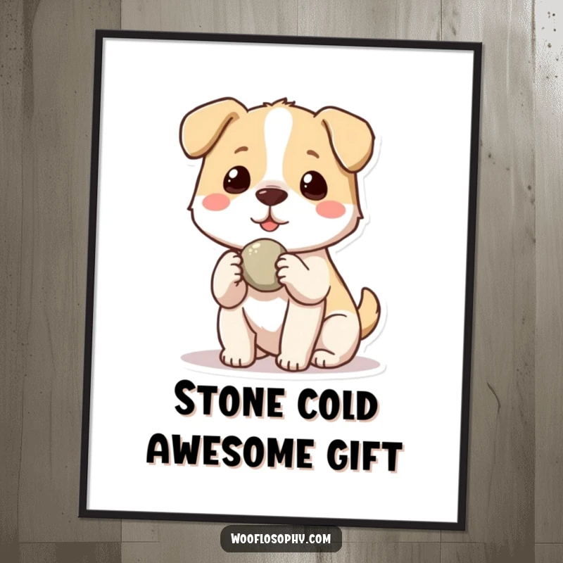 Funny Free Printable Wall Art: Adorable Kawaii dog offering a smooth stone as a friendly gesture.
