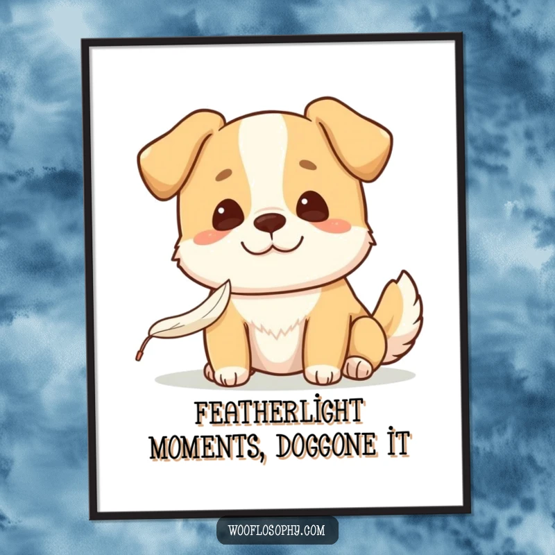 Funny Free Printable Wall Art: Adorable Kawaii dog with a gentle smile, watching a feather fall.