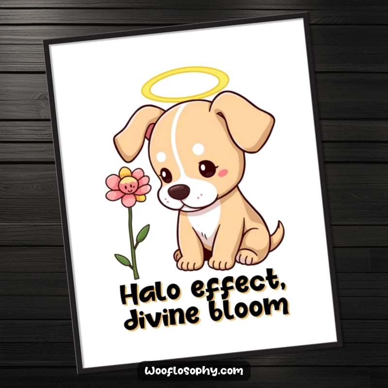 Funny Free Printable Wall Art: Dog with halo looking thoughtfully at a blooming flower, serene and beautiful downloadable art.