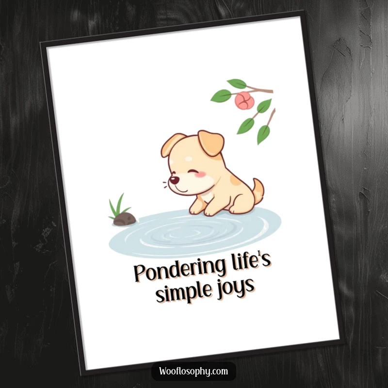Funny Free Printable Wall Art: Dog sits by a calm pond, sighing contentedly as it watches the gentle ripples.