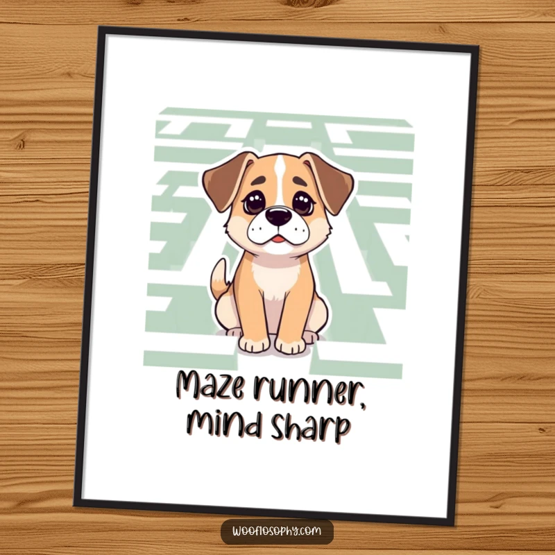 Funny Free Printable Wall Art: Dog contemplating a maze with calm determination, inspiring and humorous downloadable art.