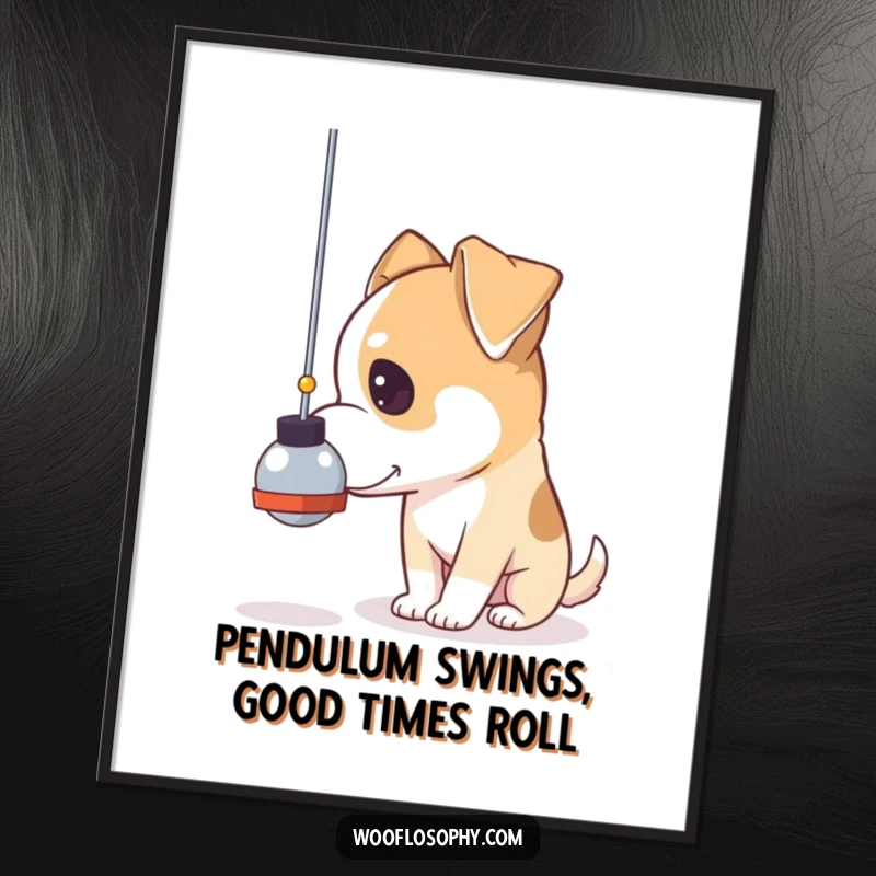 Funny Free Printable Wall Art: Dog sits in quiet contemplation, mesmerized by the rhythmic swing of a pendulum.
