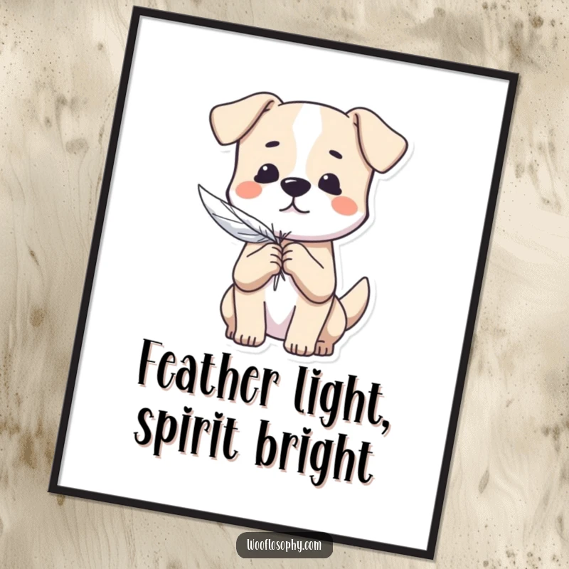 Funny Free Printable Wall Art: Dog gently holding a single feather, symbolizing lightness of being, tranquil downloadable art.