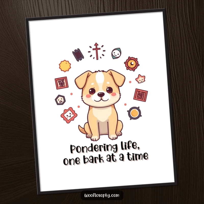 Funny Free Printable Wall Art of a dog contemplating floating philosophical symbols, adding intellectual humor to any room.