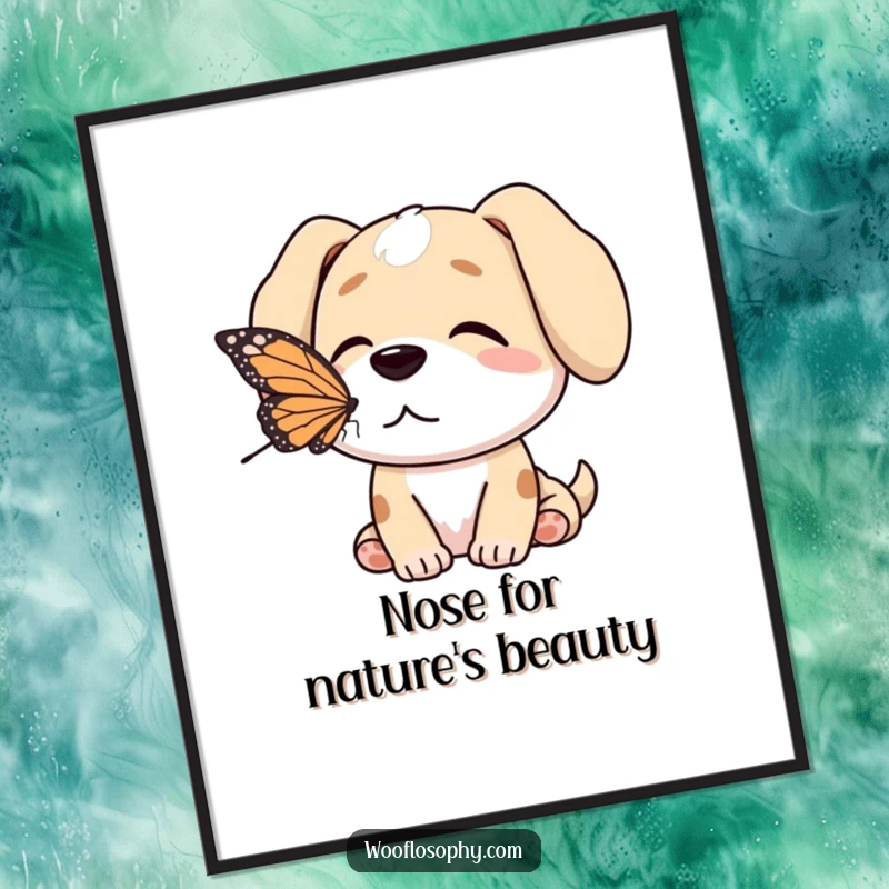 Funny Free Printable Wall Art: Dog sits calmly, enjoying a peaceful moment with a butterfly on its nose.