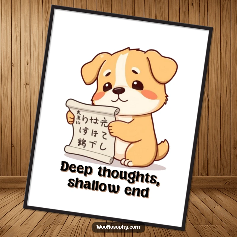 Funny Free Printable Wall Art: A dog pondering life's big questions while holding a philosophical scroll, downloadable art.