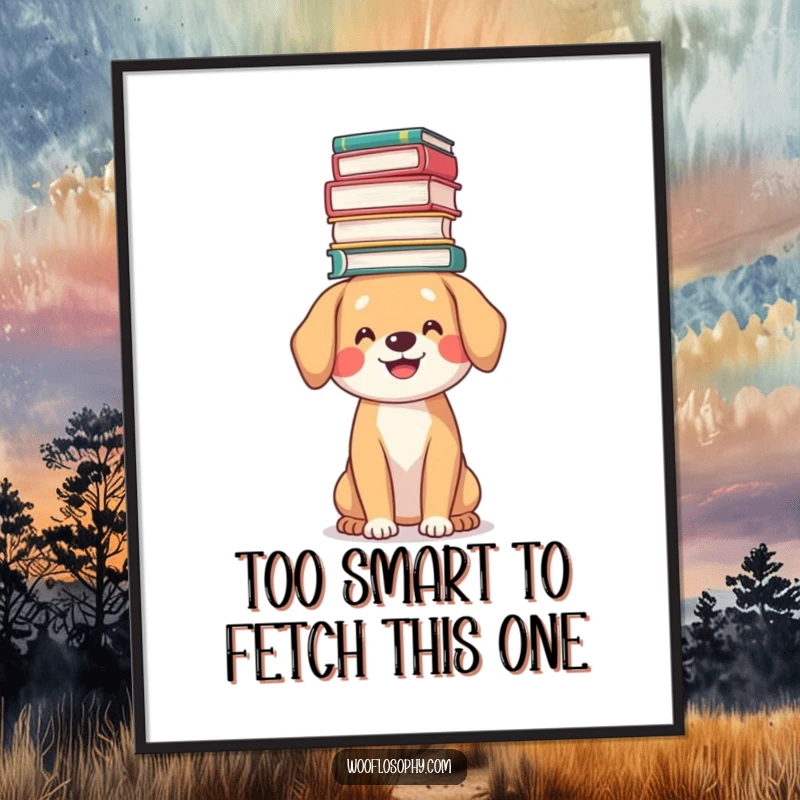 Funny Free Printable Wall Art: Dog sits serenely smiling, a large stack of books perfectly balanced on its head.