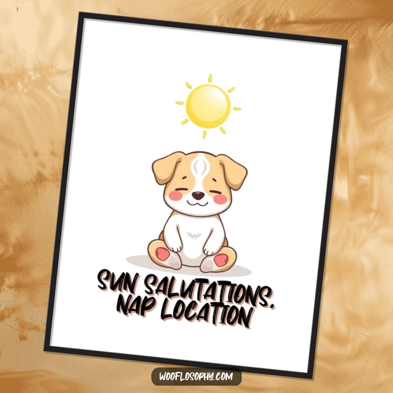 Funny Free Printable Wall Art: Dog meditating peacefully under a bright shining sun, adding zen and humor to decor.