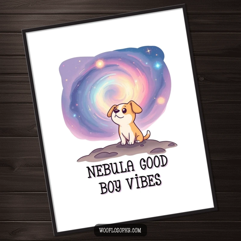 Funny Free Printable Wall Art: A curious dog with wide eyes gazes into a swirling, vibrant cosmic nebula, symbolizing wonder and exploration.