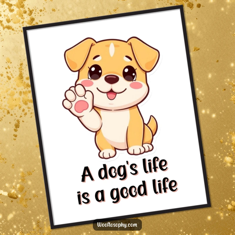 Funny free printable wall art: A cartoon dog with its paw held up, looking like it's about to explain a brilliant, albeit silly, concept.